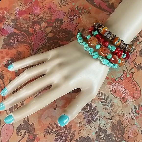 Hand Crafted Boho Tibetan Agate, Turquoise and Amber Wrap Bracelet - Picture 10 of 16